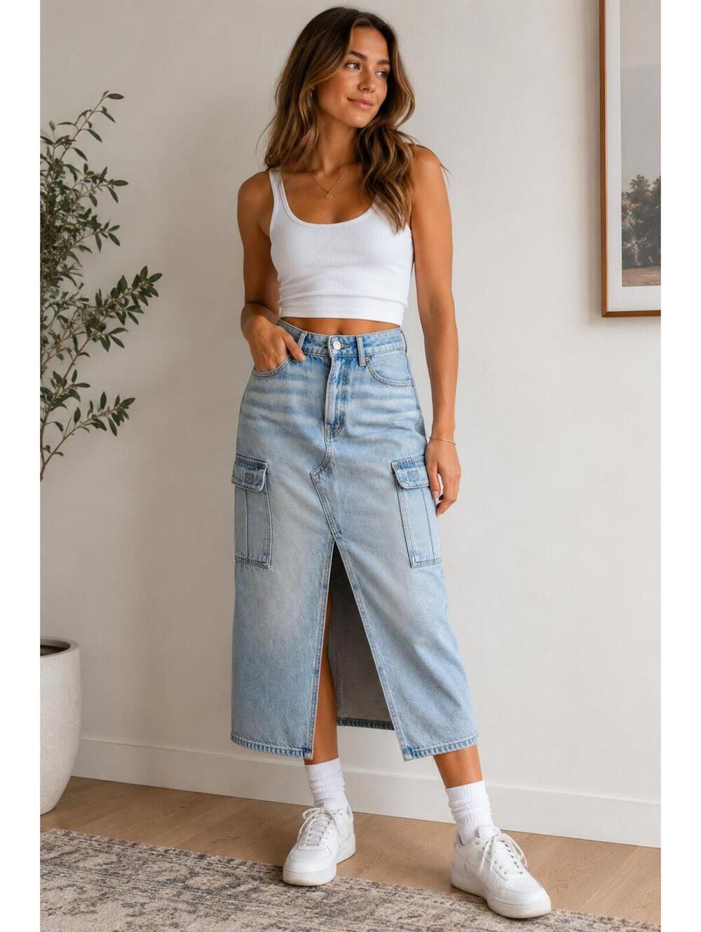 American Eagle Cargo Denim Midi Skirt Light Wash Size 4 Y2K Utility